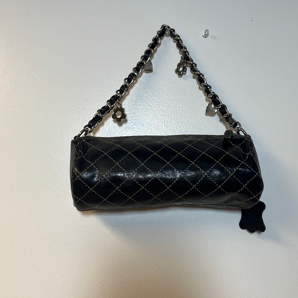 AURIELLE Mini Black Leather Barrel Daisy quilted bag, NWOT